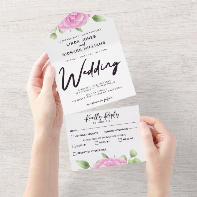 Watercolor Roses All in One Wedding Invitation (Tearaway)