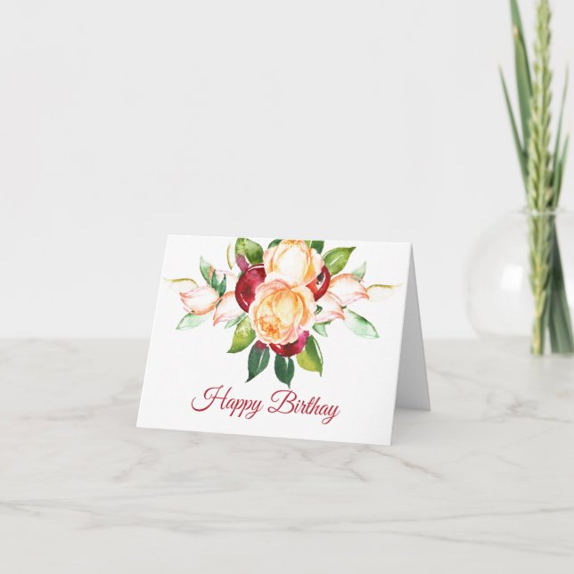 Watercolor Roses and Berries Birthday Card (Front)