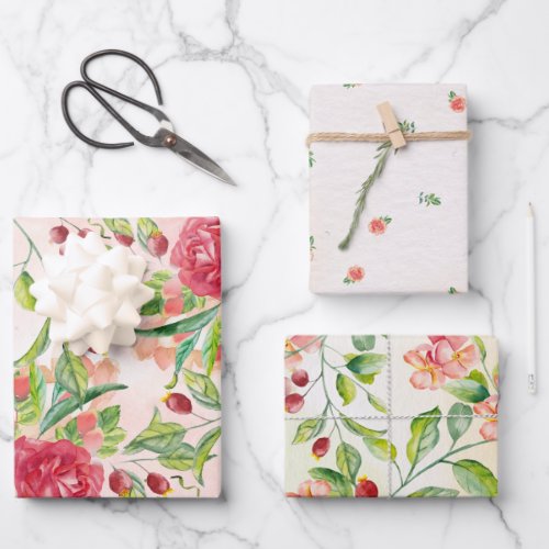 Watercolor Roses and Berries with Foliage Assorted Wrapping Paper Sheets