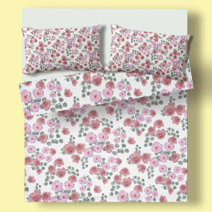 Watercolor roses and eucalyptus leaves Duvet Cover