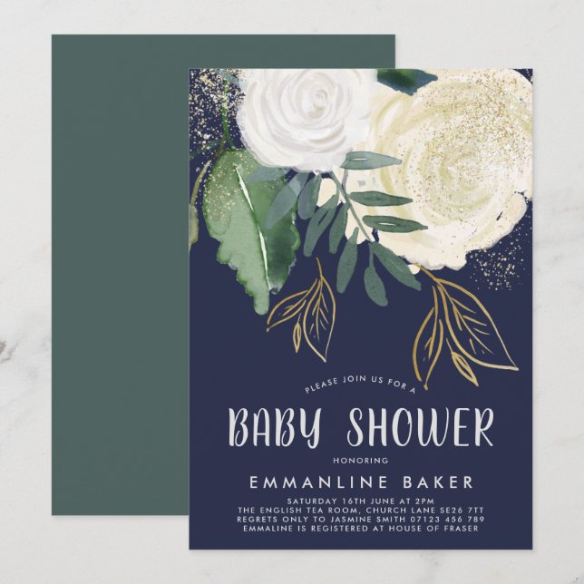 Watercolor Roses and Foliage Baby Shower Invite (Front/Back)