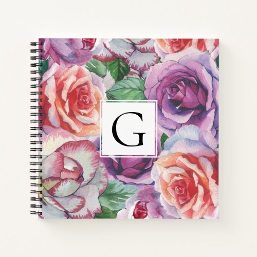 Watercolor roses and frame with monogram floral notebook