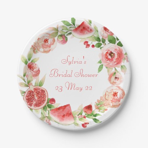 Watercolor  Roses and Fruit Wreath Paper Plate
