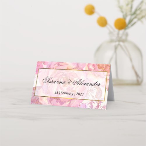 Watercolor Roses and Gold Frame Wedding Place Card