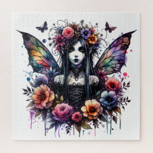 Watercolor Roses and Gothic Butterfly Fairy Jigsaw Puzzle