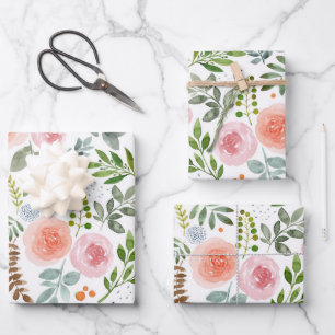 Watercolor Roses and Greenery Leaves  Wrapping Paper Sheets