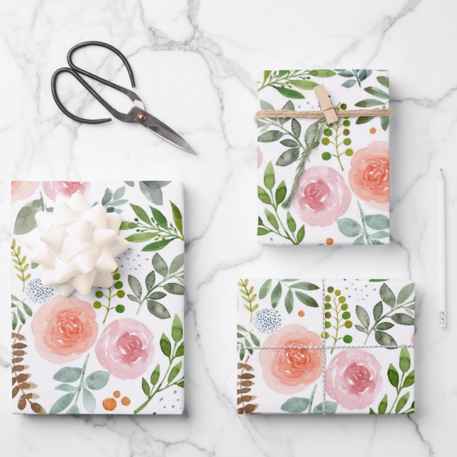Watercolor Roses and Greenery Leaves  Wrapping Paper Sheets (Front)