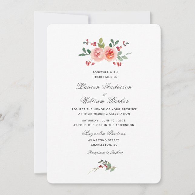 Watercolor roses and greenery Wedding Invitation (Front)