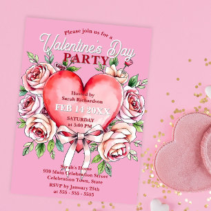 Watercolor Roses and Heart Valentine's Day Party  Invitation