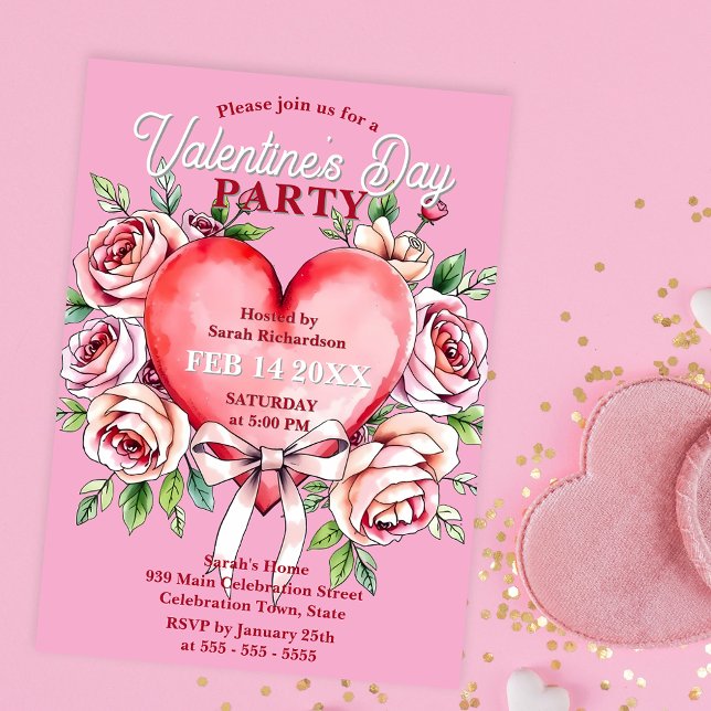 Watercolor Roses and Heart Valentine's Day Party  Invitation (Creator Uploaded)
