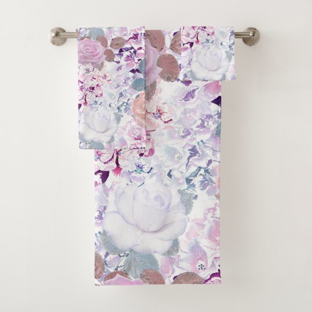 Watercolor roses and hydrangeas. bath towel set (Insitu)