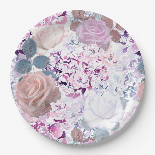 Watercolor roses and hydrangeas.  paper plates (Front)