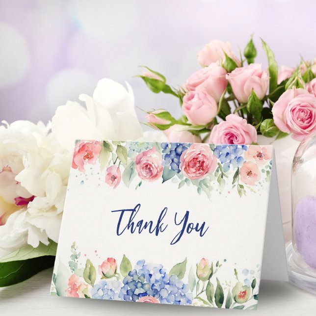 Watercolor Roses And Hydrangeas Thank You Card (Blend of hand-painted art and digital enhancements, perfect for flower lovers.)