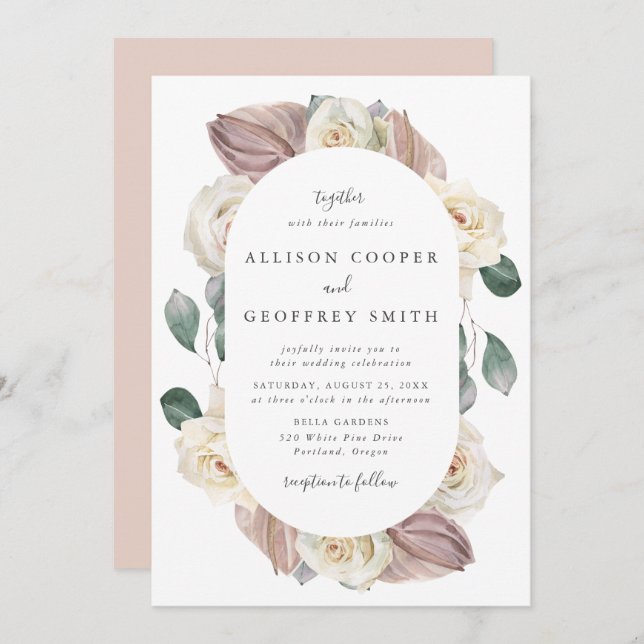 Watercolor Roses and Orchids Oval Frame Wedding Invitation (Front/Back)