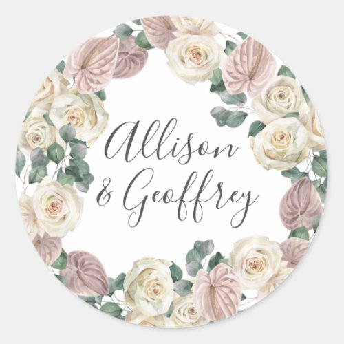 Watercolor Roses and Orchids Personalized Wedding Classic Round Sticker