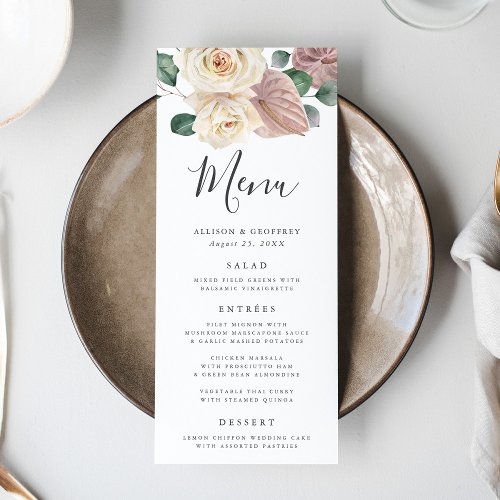 Watercolor Roses and Orchids Wedding Menu Card