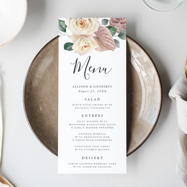 Watercolor Roses and Orchids Wedding Menu Card (Creator Uploaded)