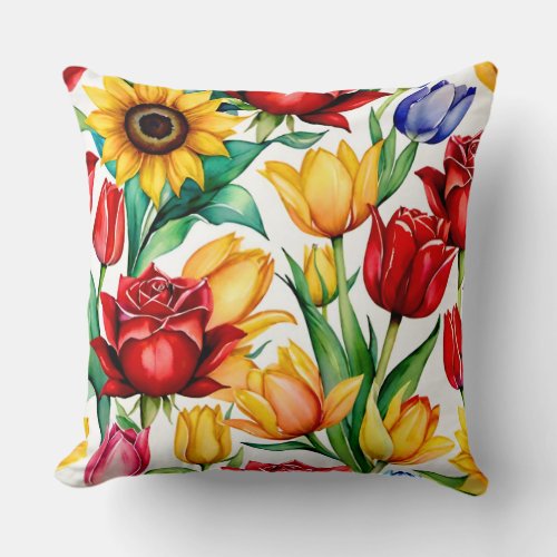 Watercolor Roses and Pastel Tulips Cushion Throw Pillow