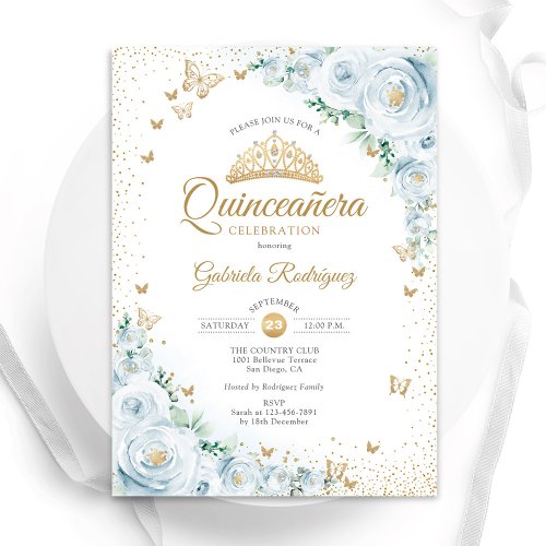 Watercolor Roses Baby Blue Floral Quinceanera Invitation