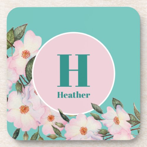 Watercolor Roses Ballerina Floral Monogram Circle Beverage Coaster