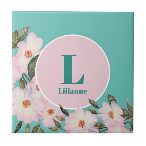 Watercolor Roses Ballerina Floral Monogram Circle Ceramic Tile