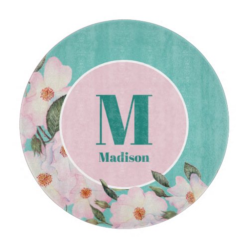 Watercolor Roses Ballerina Floral Monogram Circle Cutting Board