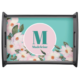 Watercolor Roses Ballerina Floral Monogram Circle Serving Tray