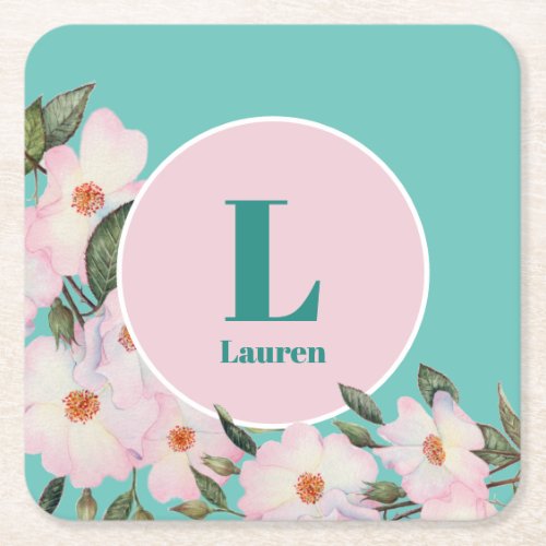 Watercolor Roses Ballerina Floral Monogram Circle Square Paper Coaster