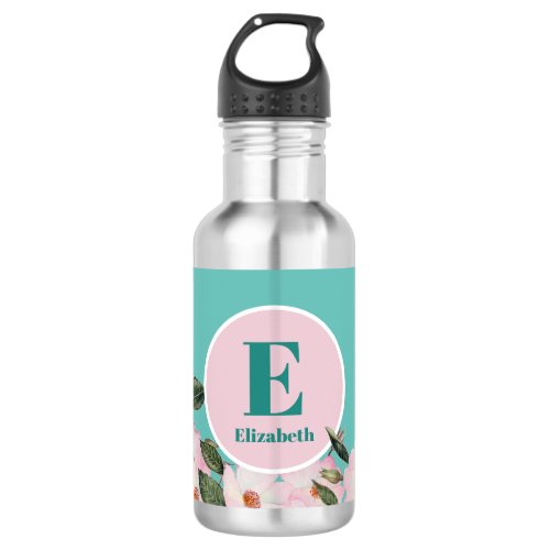 Watercolor Roses Ballerina Floral Monogram Circle Stainless Steel Water Bottle