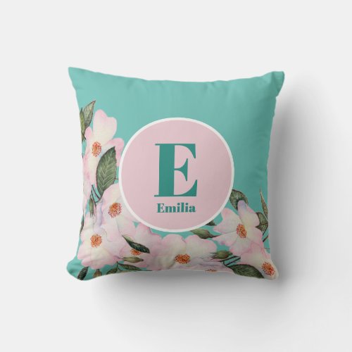 Watercolor Roses Ballerina Floral Monogram Circle Throw Pillow