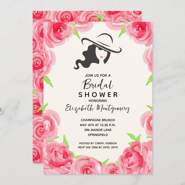 Watercolor Roses Big Hat Bridal Shower Invitation (Front/Back)