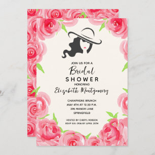 Watercolor Roses Big Hat Bridal Shower Invitation
