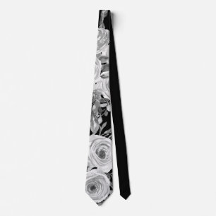 Watercolor Roses Black and White and Gray Neck Tie