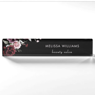 Watercolor Roses Black Background Desk Name Plate