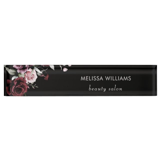 Watercolor Roses Black Background Desk Name Plate (Front)