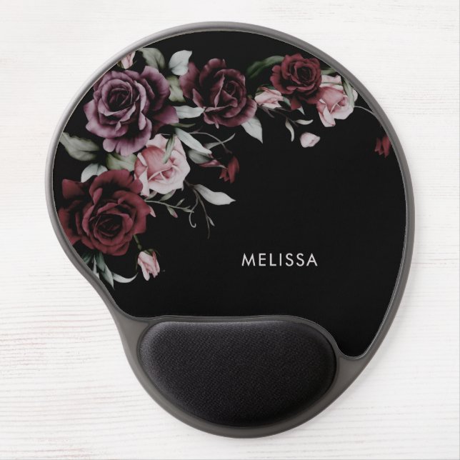 Watercolor Roses Black Background Gel Mouse Pad (Front)