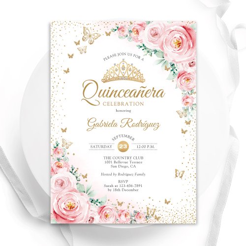 Watercolor Roses Blush Pink Floral Quinceanera Invitation