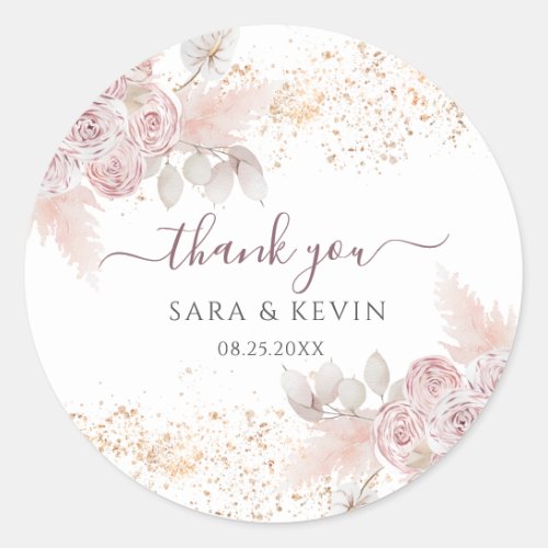 Watercolor Roses Blush Pink Floral Thank You  Classic Round Sticker