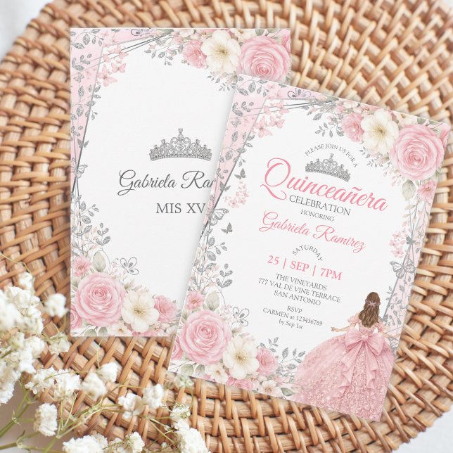 Watercolor Roses Blush Pink Silver Quinceañera  Invitation (Creator Uploaded)