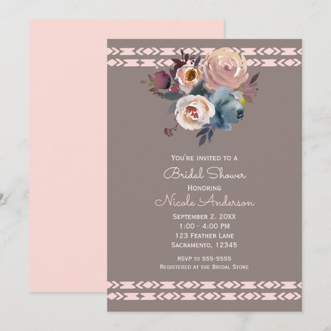 Watercolor Roses Boho Pink Taupe Bridal Shower Invitation (Front/Back)