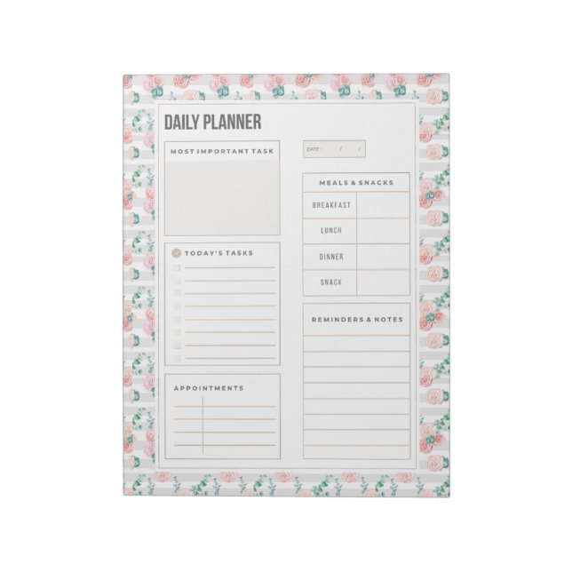Watercolor Roses Bouquet Daily Planner Pages Notepad (Rotated)
