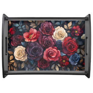 Watercolor Roses Bouquet Leaves Colorful Serving Tray