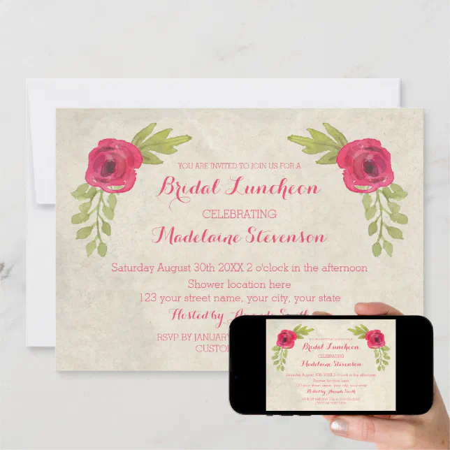 Watercolor Roses Bridal Lunch Invitations Zazzle