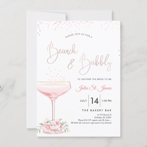 Watercolor Roses Brunch Bubbly Pink Champagne Invitation