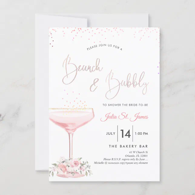 Watercolor Roses Brunch Bubbly Pink Champagne Invitation | Zazzle