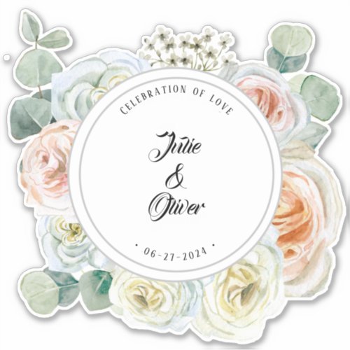 Watercolor roses Celebration of love name date  Sticker