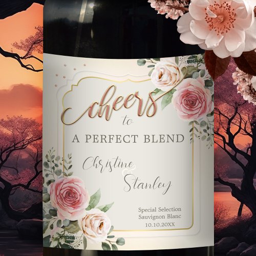 Watercolor Roses Cheers Wedding Wine Label