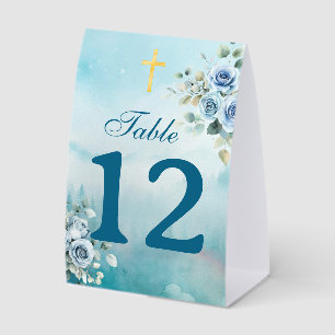 Watercolor Roses Christening Dusty Blue Paper Table Tent