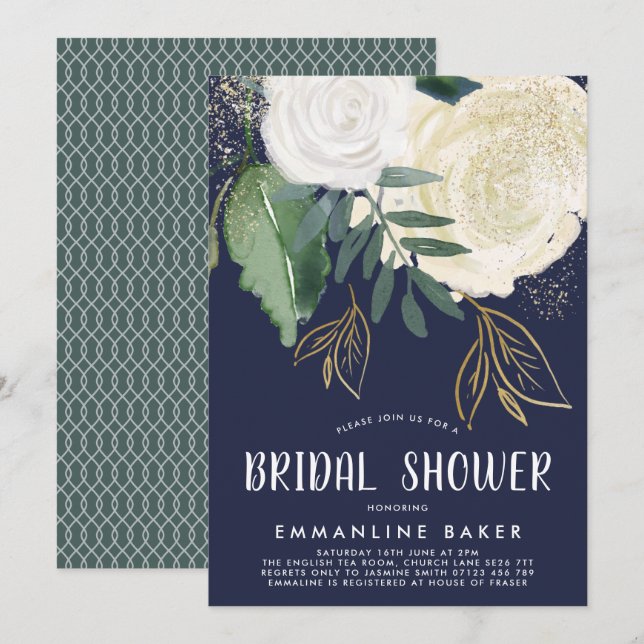 Watercolor Roses Cream and Navy Bridal Shower Invitation (Front/Back)