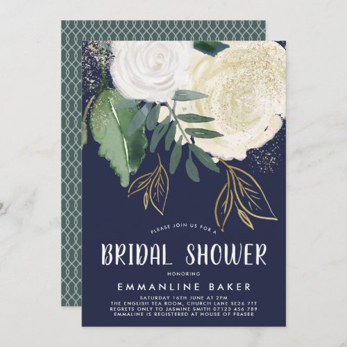 Watercolor Roses Cream and Navy Bridal Shower Invitation